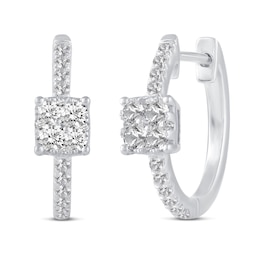 1/2 CT. T.W. Cushion Multi-Diamond center Huggie Hoop Earrings in 14K White Gold