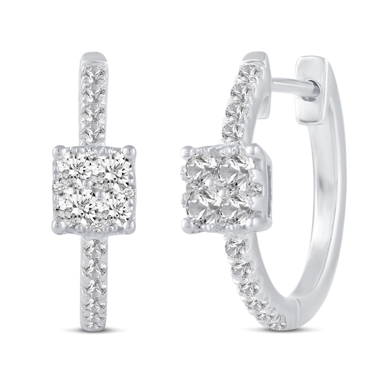 1/2 CT. T.w. Cushion Multi-Diamond center Huggie Hoop Earrings in 14K White Gold