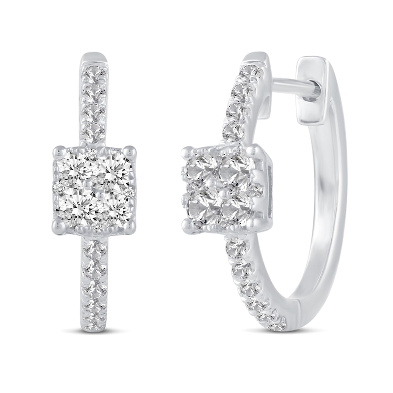 Main Image 1 of 1/2 CT. T.W. Cushion Multi-Diamond center Huggie Hoop Earrings in 14K White Gold