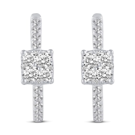 1/2 CT. T.w. Cushion Multi-Diamond center Huggie Hoop Earrings in 14K White Gold