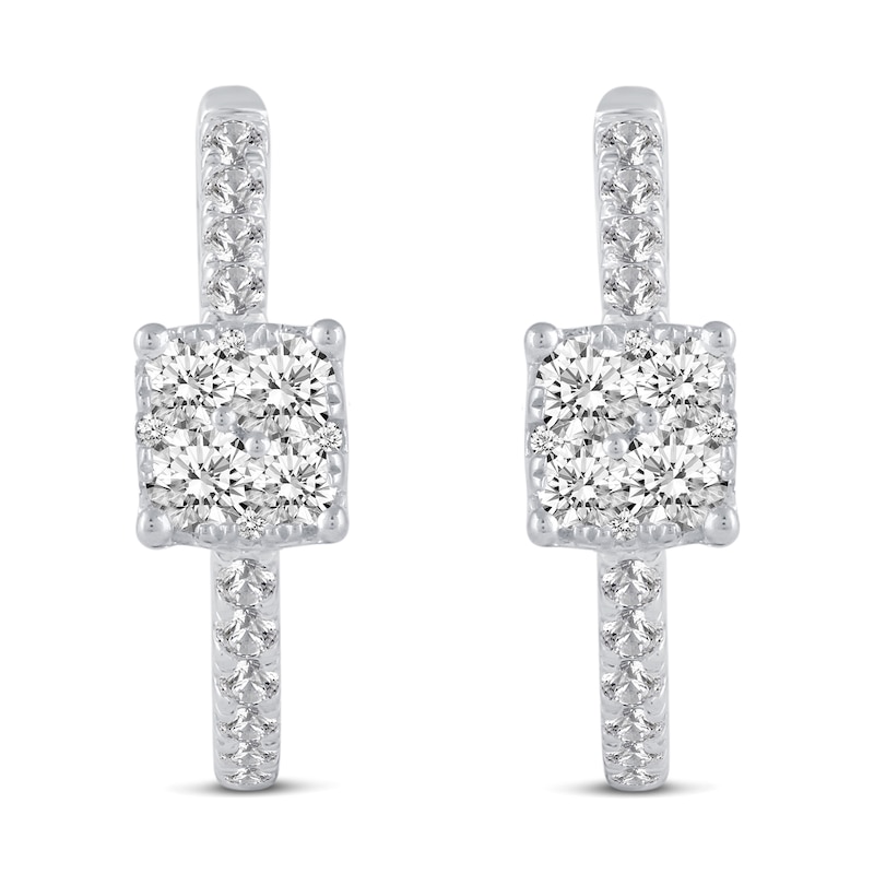 Main Image 2 of 1/2 CT. T.W. Cushion Multi-Diamond center Huggie Hoop Earrings in 14K White Gold