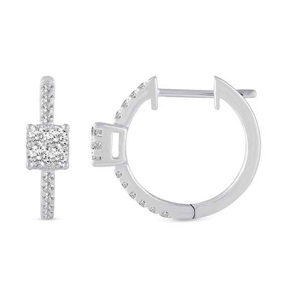 1/2 CT. T.w. Cushion Multi-Diamond center Huggie Hoop Earrings in 14K White Gold
