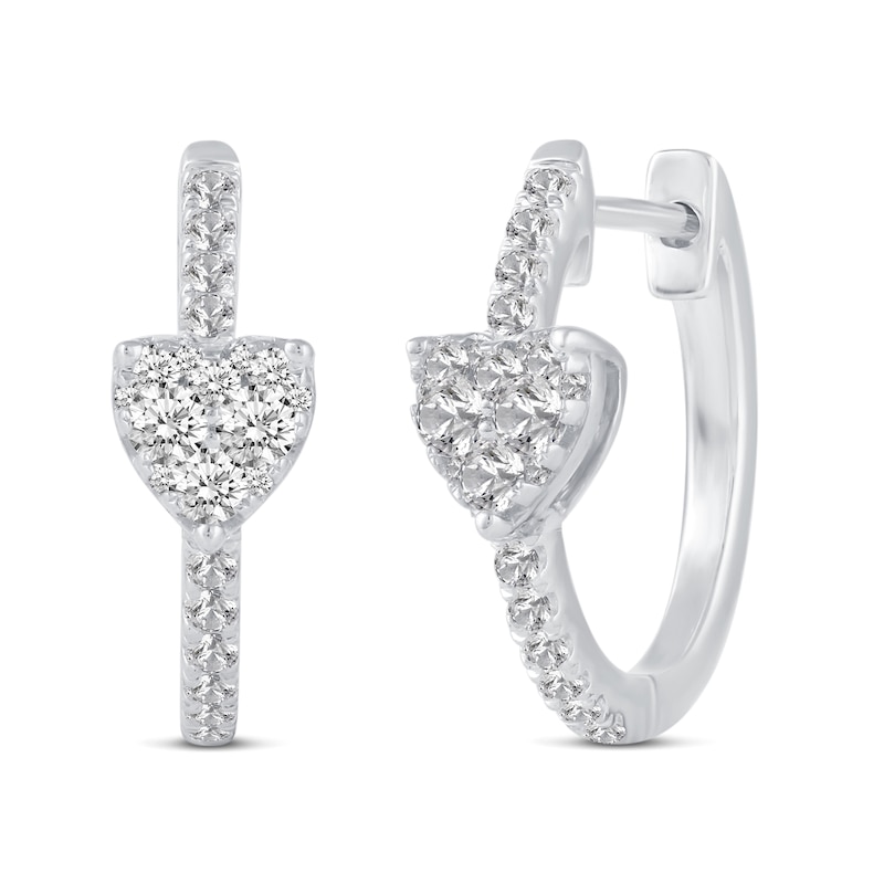 Main Image 1 of 1/2 CT. T.W. Heart Multi-Diamond center Huggie Hoop Earrings in 14K White Gold