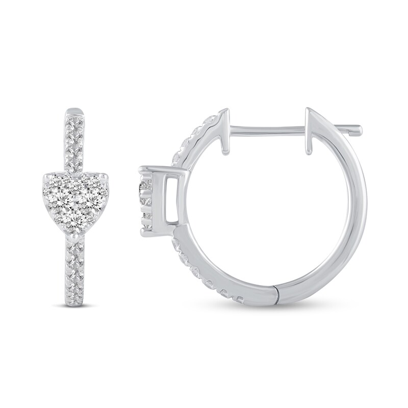 Main Image 3 of 1/2 CT. T.W. Heart Multi-Diamond center Huggie Hoop Earrings in 14K White Gold