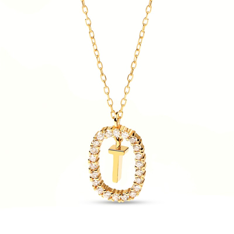 Main Image 1 of PDPAOLA™ at Zales 1/3 CT. T.W. Lab-Grown Diamond "T" Initial Pendant in 18K Gold - 19.5"