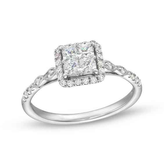 1/2 CT. T.w. Quad Princess-Cut Diamond Cushion Frame Marquise Vintage-Style Engagement Ring in 14K White Gold