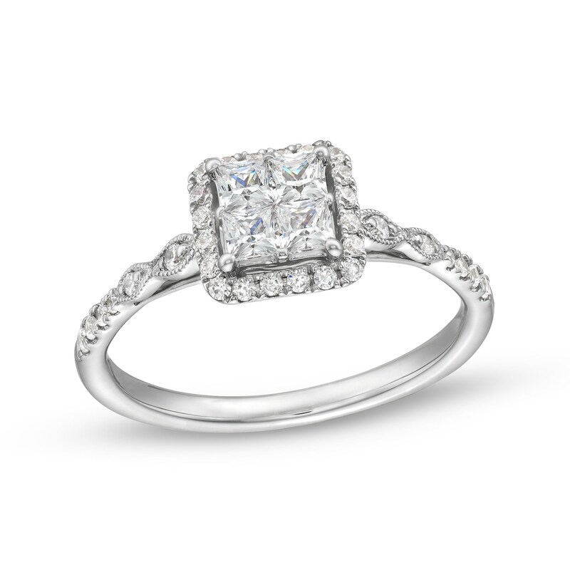 Main Image 1 of 1/2 CT. T.W. Quad Princess-Cut Diamond Cushion Frame Marquise Vintage-Style Engagement Ring in 14K White Gold