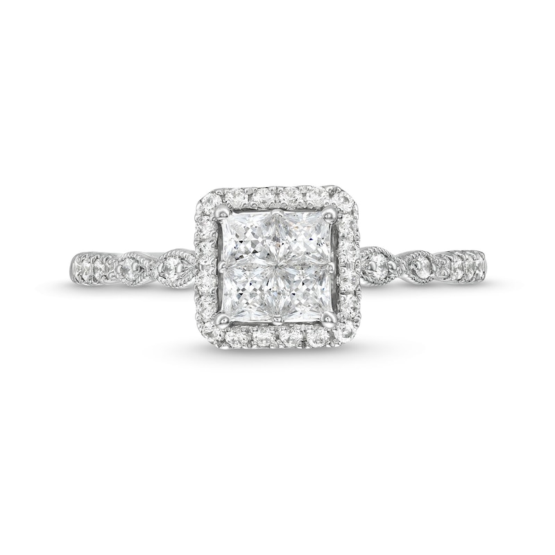 Main Image 4 of 1/2 CT. T.W. Quad Princess-Cut Diamond Cushion Frame Marquise Vintage-Style Engagement Ring in 14K White Gold