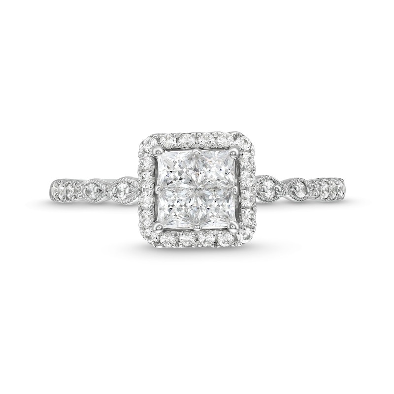 7 Ct. T.W. Quad Princess-Cut Diamond Cushion-Shaped Frame Vintage-Style Three Piece Bridal Set in 14K White Gold