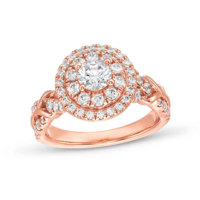 Main Image 1 of 1-1/2 CT. T.W. Diamond Oval Frame Double Row Engagement Ring in 14K Rose Gold (I/I2)