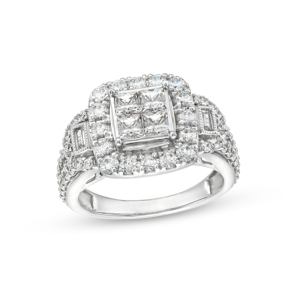 2 CT. T.w. Quad Princess-Cut Diamond Cushion Frame Vintage-Style Three Stone Engagement Ring in 14K White Gold