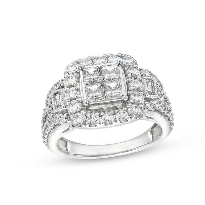 2 CT. T.W. Quad Princess-Cut Diamond Cushion Frame Vintage-Style Three Stone Engagement Ring in 14K White Gold