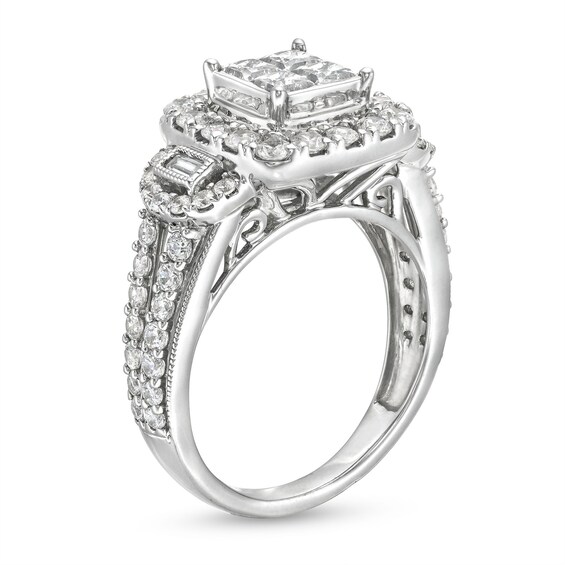 2 CT. T.w. Quad Princess-Cut Diamond Cushion Frame Vintage-Style Three Stone Engagement Ring in 14K White Gold