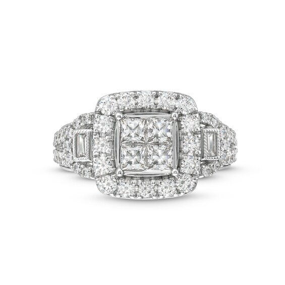 2 CT. T.w. Quad Princess-Cut Diamond Cushion Frame Vintage-Style Three Stone Engagement Ring in 14K White Gold
