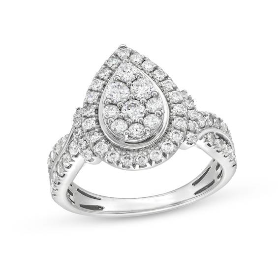 1 CT. T.w. Pear Multi-Diamond Teardrop Frame Double Row Engagement Ring in 14K White Gold