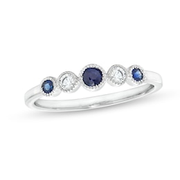 Alternating Blue Sapphire and 1/10 CT. T.W. Diamond Five Stone Vintage-Style Ring in 10K White Gold