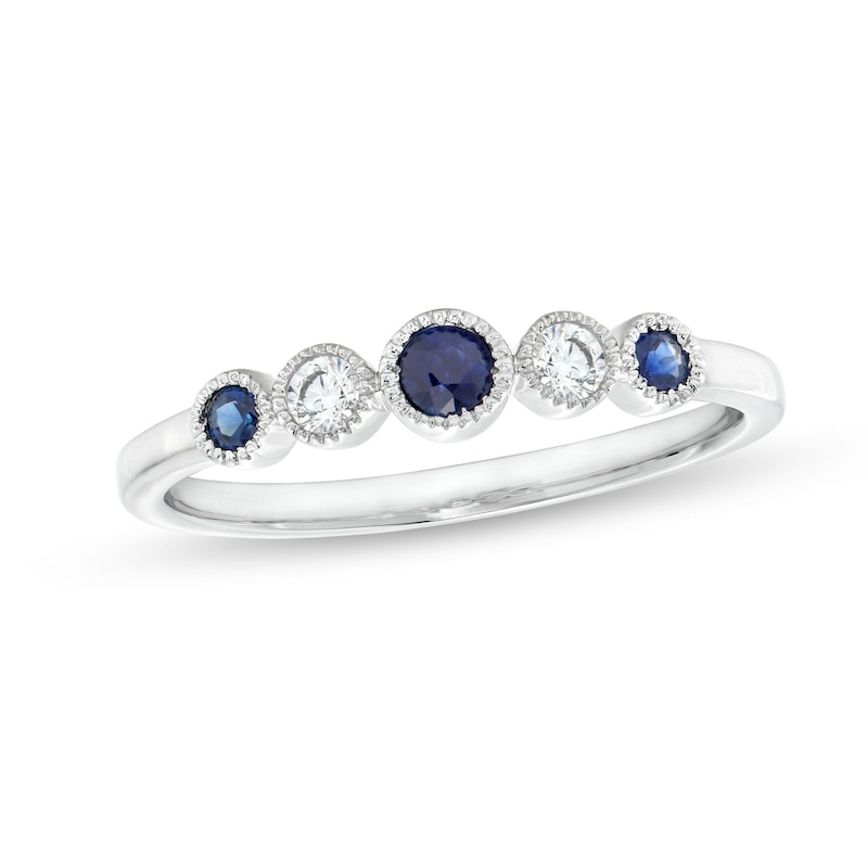 Main Image 1 of Alternating Blue Sapphire and 1/10 CT. T.W. Diamond Five Stone Vintage-Style Ring in 10K White Gold