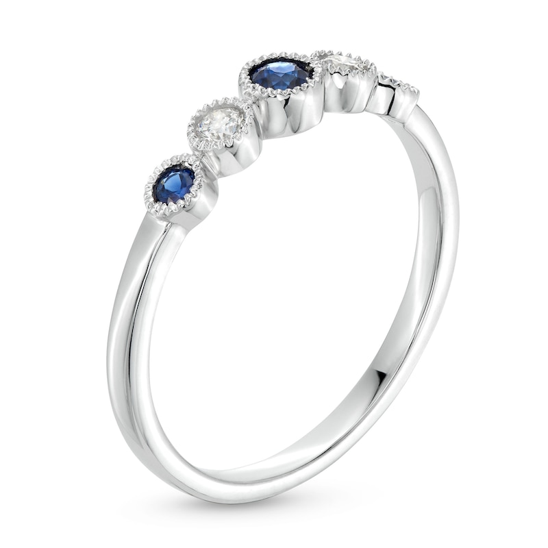 Main Image 3 of Alternating Blue Sapphire and 1/10 CT. T.W. Diamond Five Stone Vintage-Style Ring in 10K White Gold