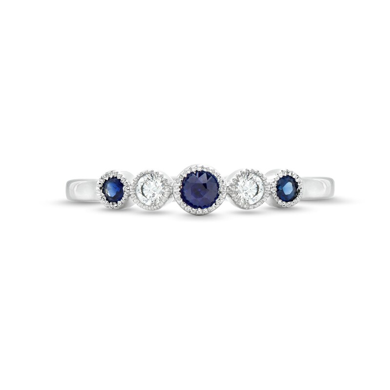 Main Image 4 of Alternating Blue Sapphire and 1/10 CT. T.W. Diamond Five Stone Vintage-Style Ring in 10K White Gold
