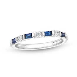 Alternating Baguette-Cut Blue Sapphire and 1/6 CT. T.W. Diamond Station Band in 10K White Gold