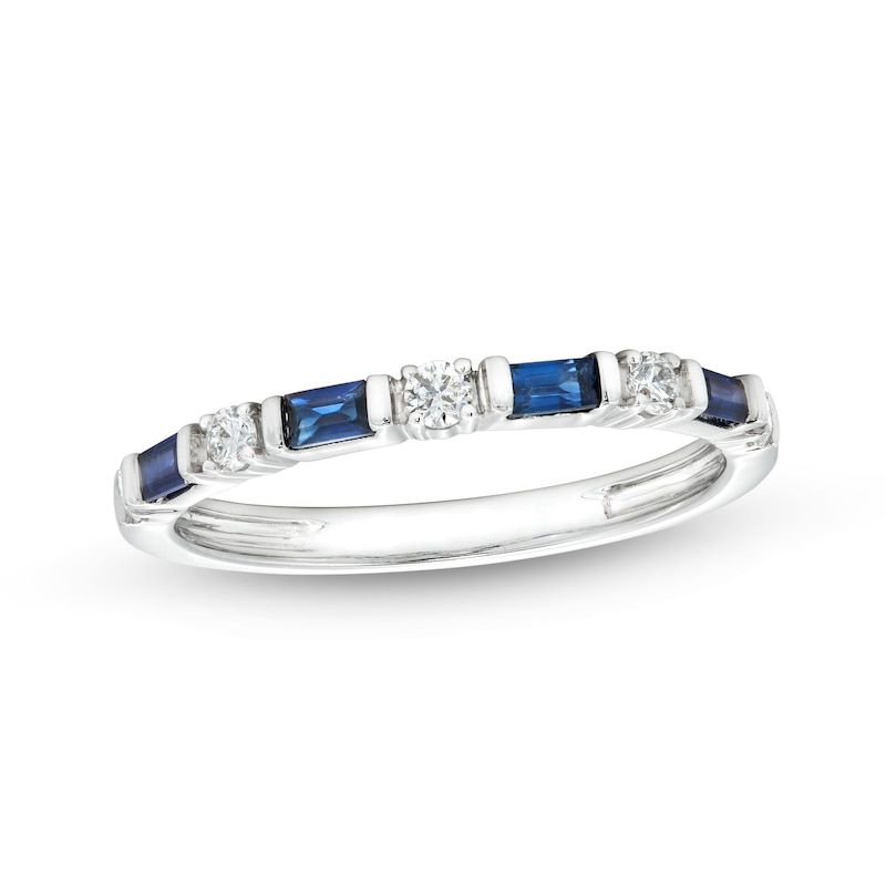 Main Image 1 of Alternating Baguette-Cut Blue Sapphire and 1/6 CT. T.W. Diamond Station Band in 10K White Gold