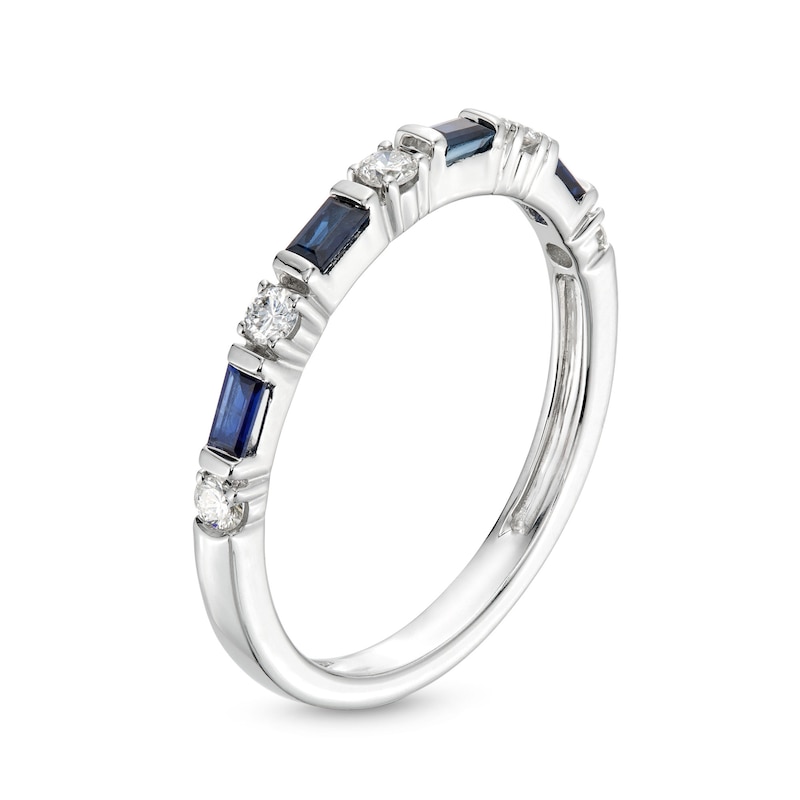 Main Image 3 of Alternating Baguette-Cut Blue Sapphire and 1/6 CT. T.W. Diamond Station Band in 10K White Gold