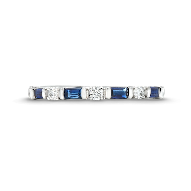 Main Image 4 of Alternating Baguette-Cut Blue Sapphire and 1/6 CT. T.W. Diamond Station Band in 10K White Gold