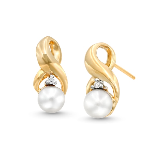 6.0mm Freshwater Cultured Pearl and Diamond Accent Looping Infinity Stud Earrings in 10K Gold