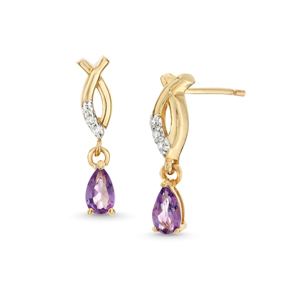 Pear-Shaped Amethyst and Diamond Accent Dangle Ichthus Drop Earrings in 10K Gold