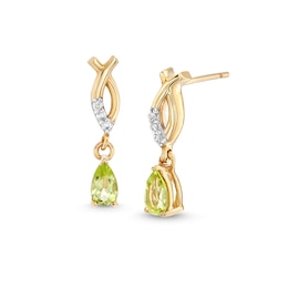Pear-Shaped Peridot and Diamond Accent Dangle Ichthus Drop Earrings in 10K Gold