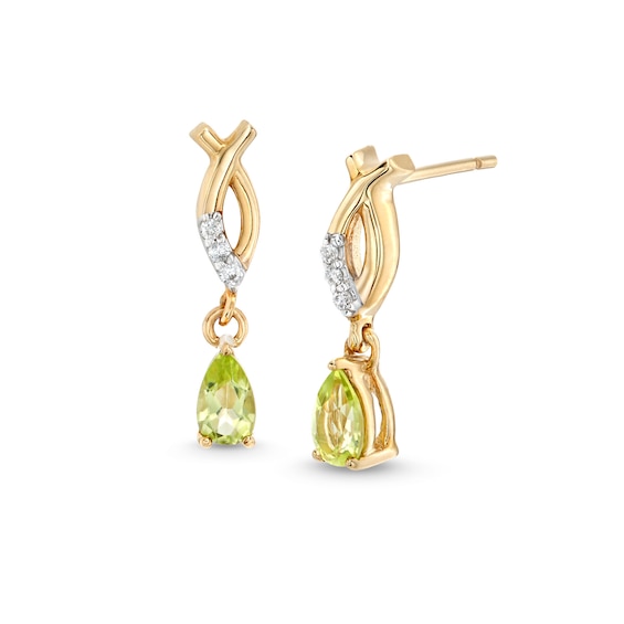 Pear-Shaped Peridot and Diamond Accent Dangle Ichthus Drop Earrings in 10K Gold