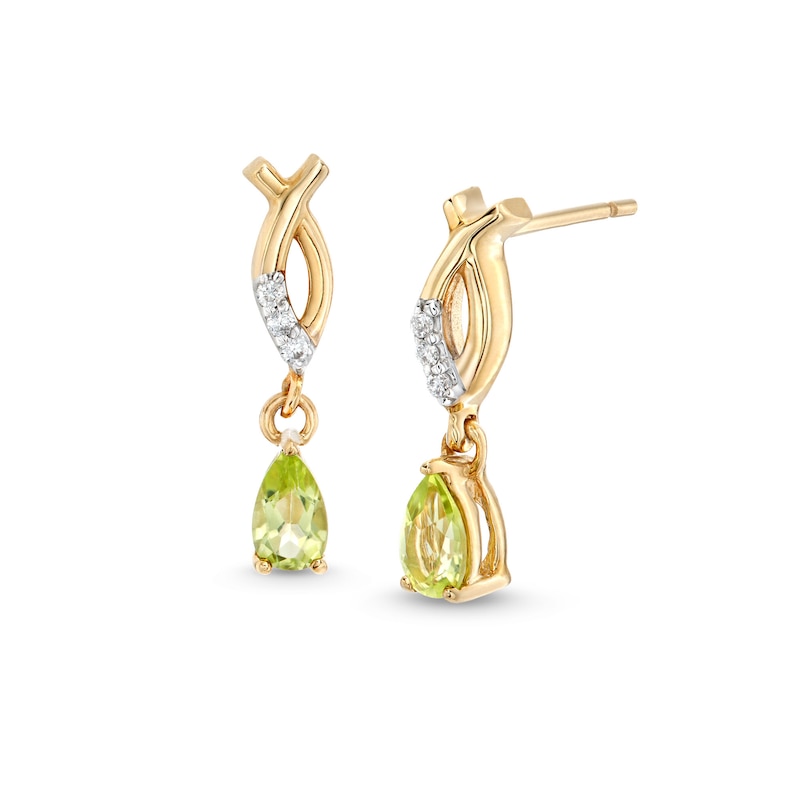 Main Image 1 of Pear-Shaped Peridot and Diamond Accent Dangle Ichthus Drop Earrings in 10K Gold