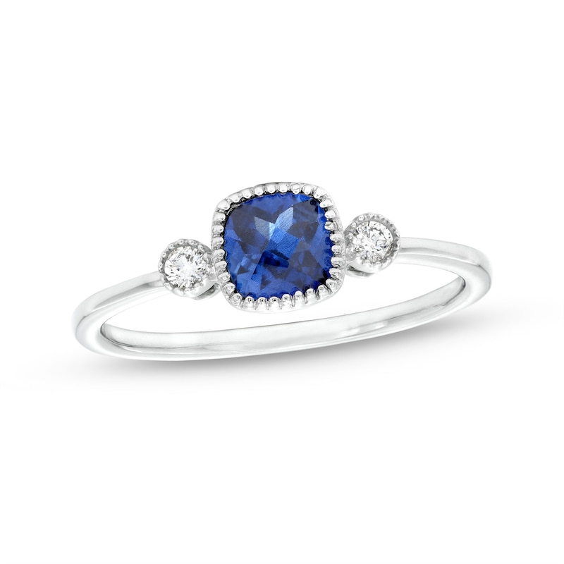Main Image 1 of 5.0mm Cushion-Shaped Blue Lab-Created Sapphire and 1/20 CT. T.W. Diamond Vintage-Style Ring in 10K White Gold