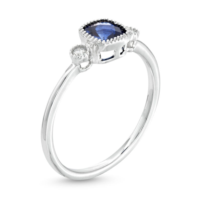 Main Image 3 of 5.0mm Cushion-Shaped Blue Lab-Created Sapphire and 1/20 CT. T.W. Diamond Vintage-Style Ring in 10K White Gold