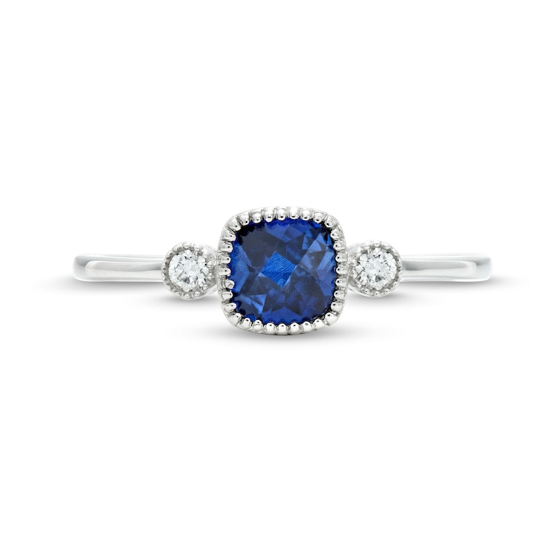 Main Image 4 of 5.0mm Cushion-Shaped Blue Lab-Created Sapphire and 1/20 CT. T.W. Diamond Vintage-Style Ring in 10K White Gold