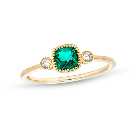5.0mm Cushion-Shaped Lab-Created Emerald and 1/20 CT. T.w. Diamond Vintage-Style Ring in 10K Gold