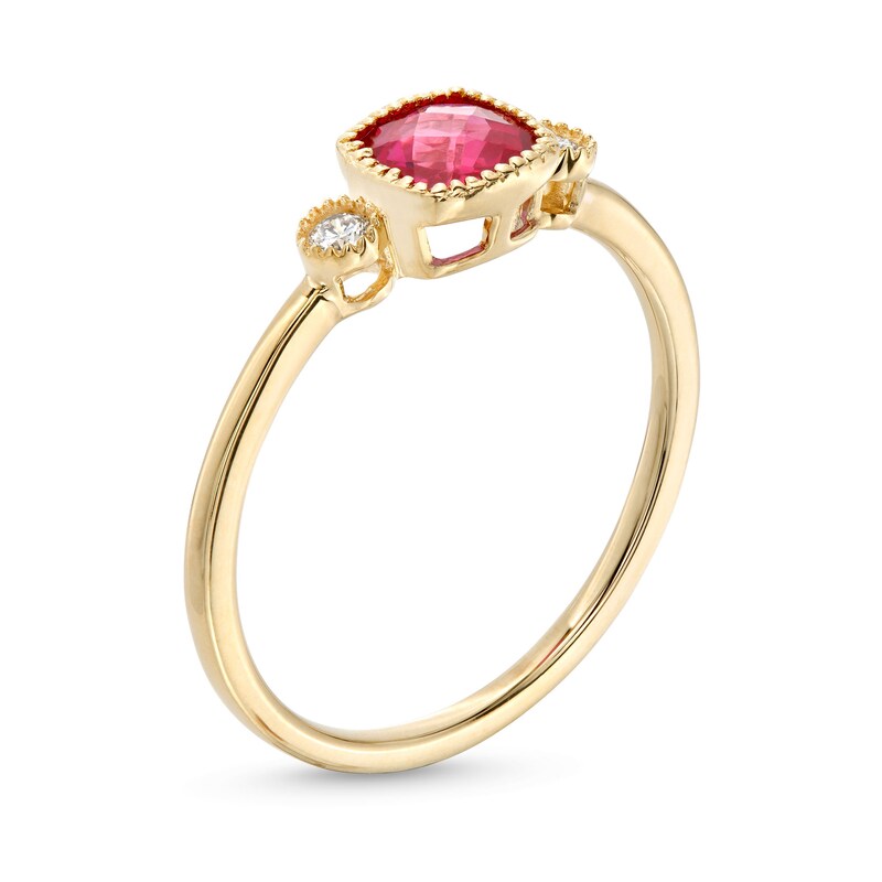 5.0mm Cushion-Cut Lab-Created Ruby and 1/20 CT. T.W. Diamond Vintage-Style Ring in 10K Gold