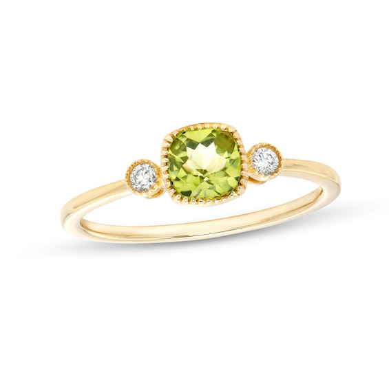 5.0mm Cushion-Shaped Peridot and 1/20 CT. T.w. Diamond Vintage-Style Ring in 10K Gold