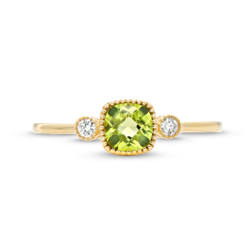 5.0mm Cushion-Cut Peridot and 1/20 CT. T.W. Diamond Vintage-Style Ring in 10K Gold