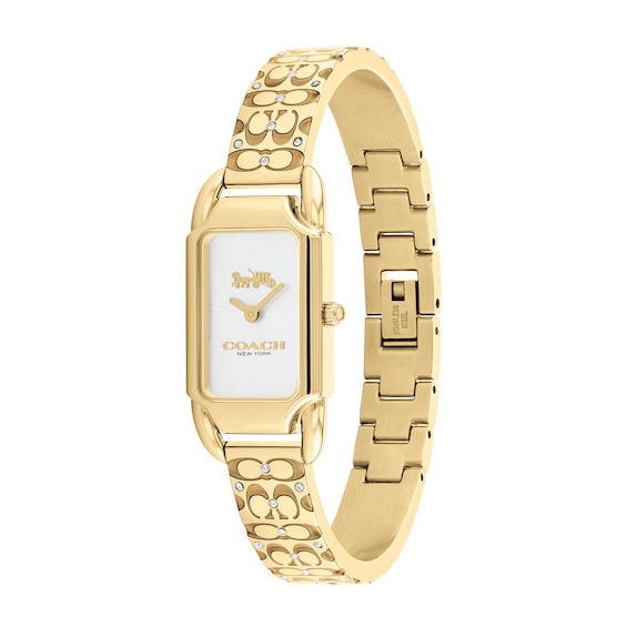 Ladies' Coach Cadie Crystal Accent Gold-Tone IP Bangle Watch with Rectangular White Dial (Model: 14504196)