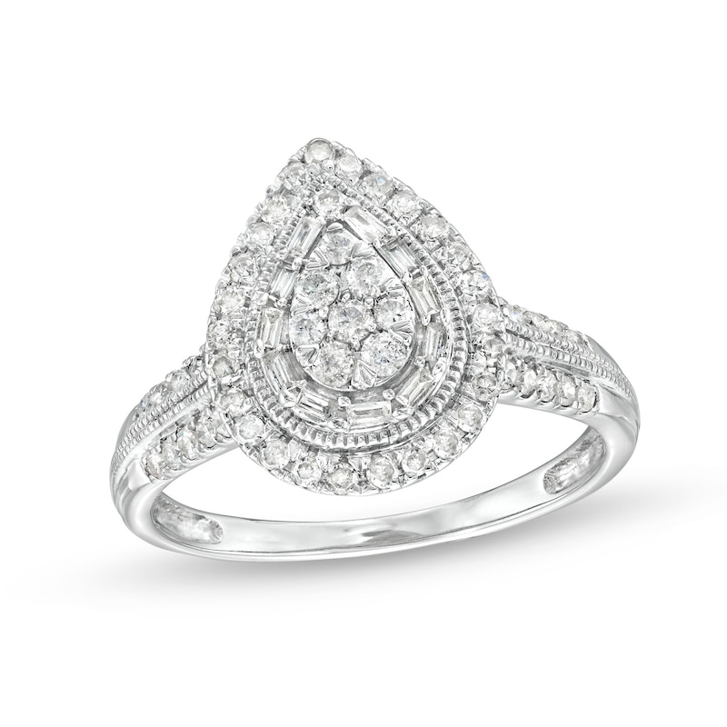 Main Image 1 of 1/2 CT. T.W. Pear Multi-Diamond Teardrop Frame Vintage-Style Engagement Ring in 10K White Gold