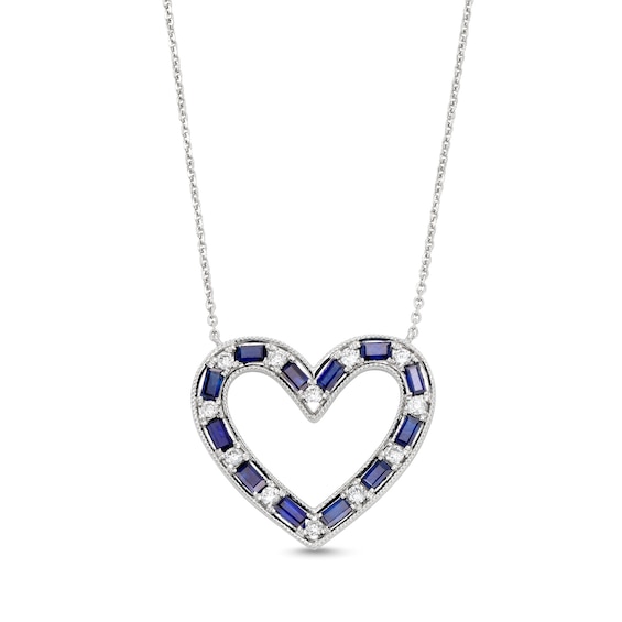 Alternating Baguette-Cut Blue Sapphire and 1/4 CT. T.w. Diamond Heart Necklace in 10K White Gold