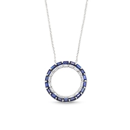 Baguette-Cut Blue Sapphire and 1/3 CT. T.W. Baguette-Cut Diamond Stacked Row Circle Necklace in 10K White Gold