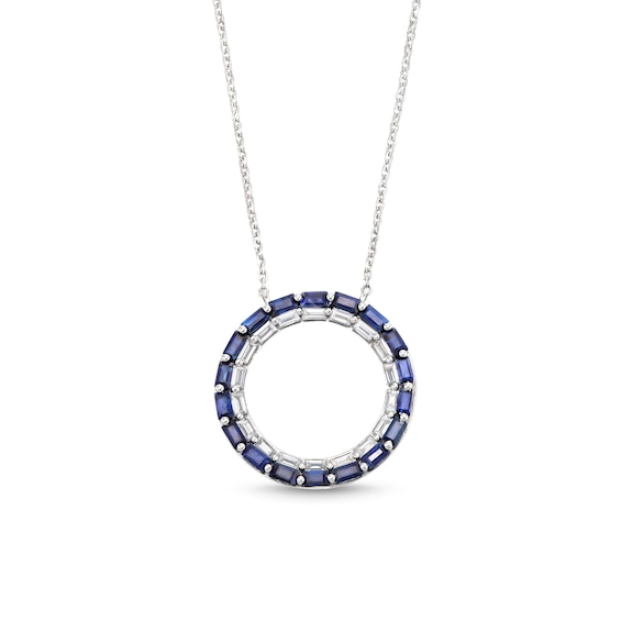 Baguette-Cut Blue Sapphire and 1/3 CT. T.w. Baguette-Cut Diamond Stacked Row Circle Necklace in 10K White Gold