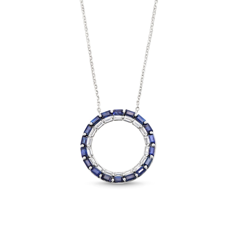Main Image 1 of Baguette-Cut Blue Sapphire and 1/3 CT. T.W. Baguette-Cut Diamond Stacked Row Circle Necklace in 10K White Gold