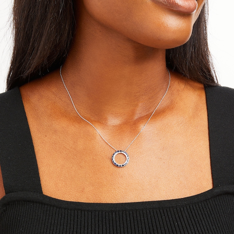 Main Image 2 of Baguette-Cut Blue Sapphire and 1/3 CT. T.W. Baguette-Cut Diamond Stacked Row Circle Necklace in 10K White Gold