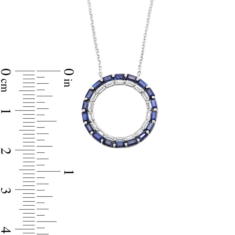Main Image 3 of Baguette-Cut Blue Sapphire and 1/3 CT. T.W. Baguette-Cut Diamond Stacked Row Circle Necklace in 10K White Gold