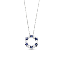 Alternating Blue Sapphire and 1/8 CT. T.W. Baguette Diamond Hexagon Pendant in 10K White Gold