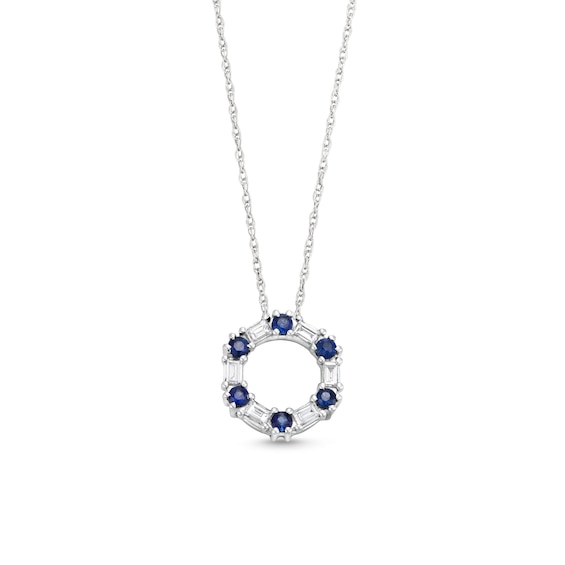 Alternating Blue Sapphire and 1/8 CT. T.w. Baguette Diamond Hexagon Pendant in 10K White Gold