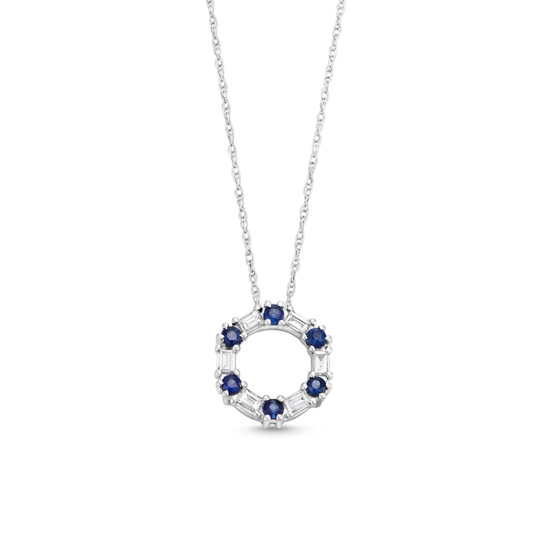 Main Image 1 of Alternating Blue Sapphire and 1/8 CT. T.W. Baguette Diamond Hexagon Pendant in 10K White Gold